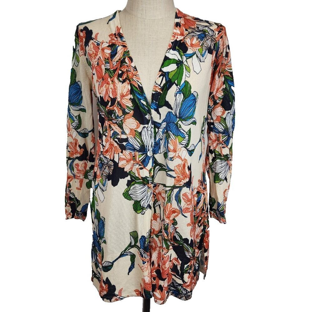 Chicos Everyday V-Neck Cardigan 1 (M)‎ Multicolor Floral Mid Length Lightweight